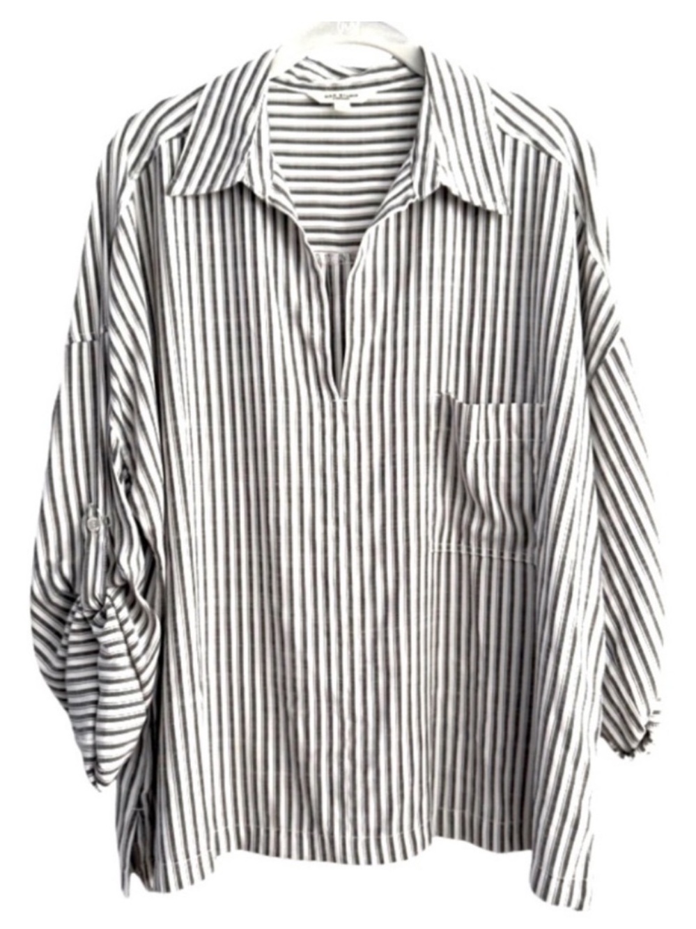 Max Studio Relaxed Fit Blouse Tab Sleeve Pocket Striped Black White Size XL - Picture 11 of 11